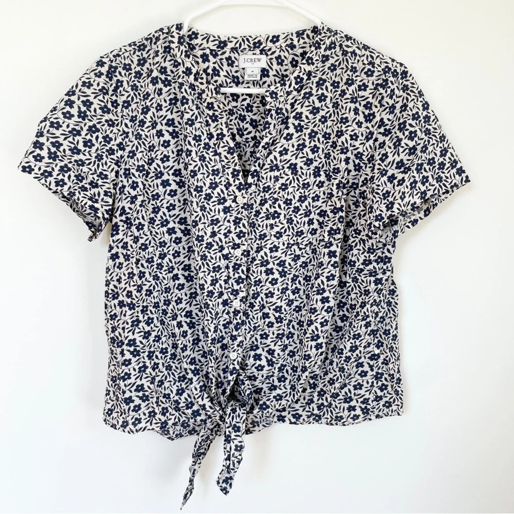 J. Crew Blue and White Puff Sleeve Tie-Front Blouse